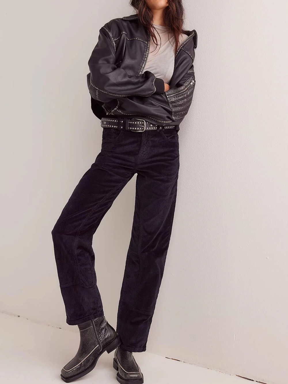 NWT Free People Risk Taker Corduroy High Rise Straight Leg Jeans in Jet Black 28